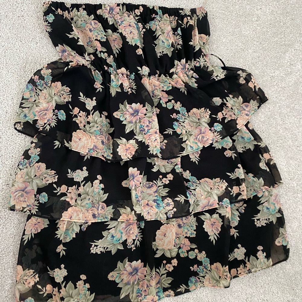 Strapless floral ruffle dress.